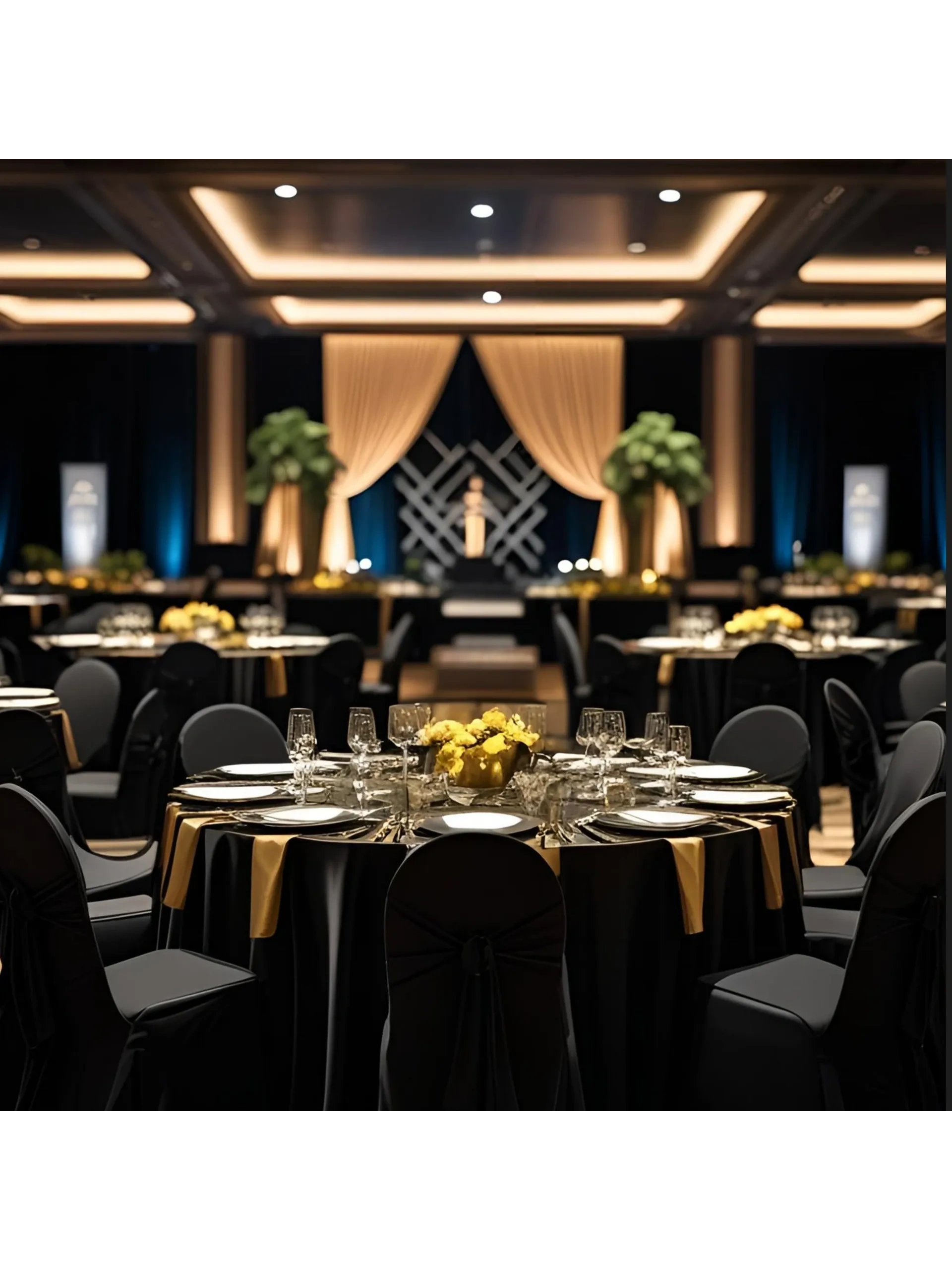 Elegant ballroom event space with black and gold decor for the Carolina Soul Music Awards